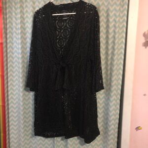 Catalina plus size black laser cut lace crochet tie front kimono swim cover